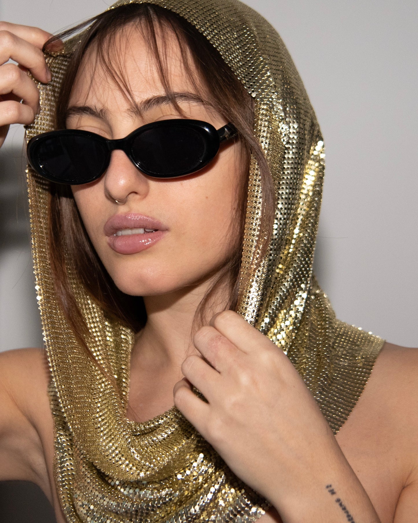 Chainmail Mesh Hood in Gold. Fashion Accessory.