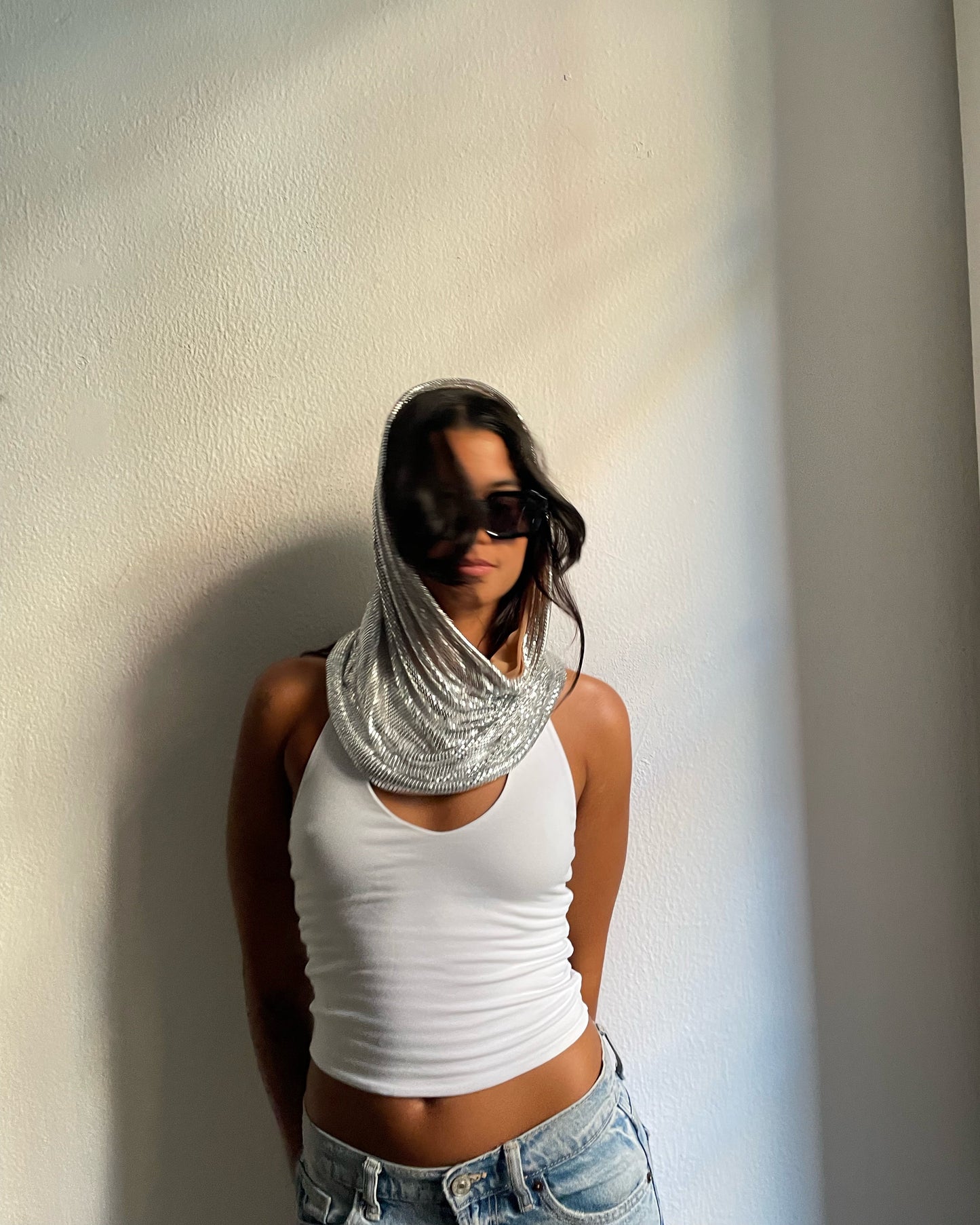 Chainmail hood. Silver sequin hood. Fashion headpiece accessory.