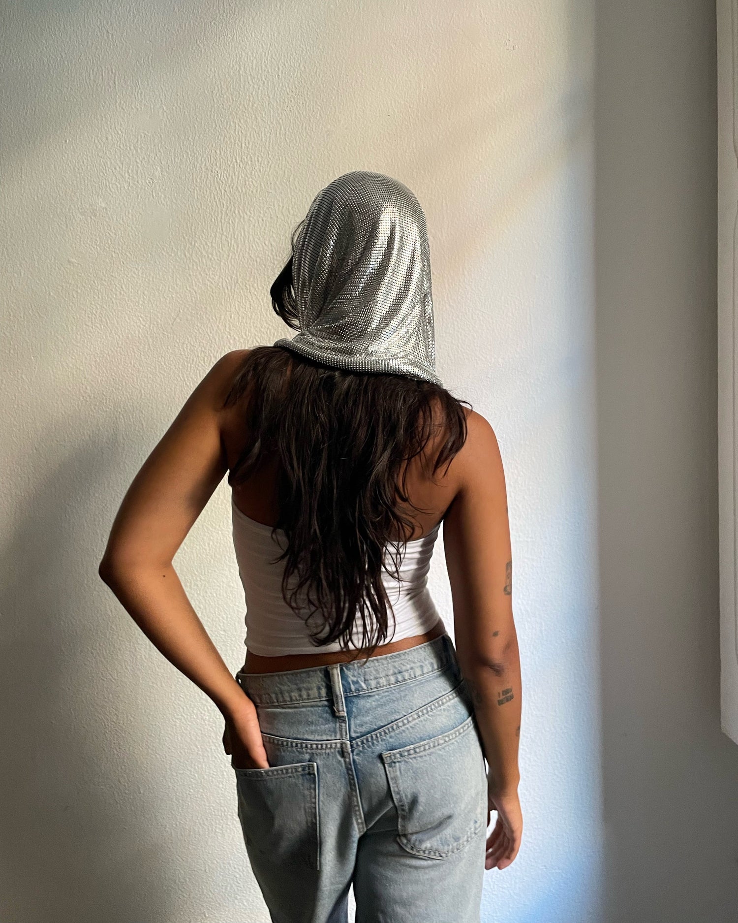 Chainmail hood. Silver sequin hood. Fashion headpiece accessory.