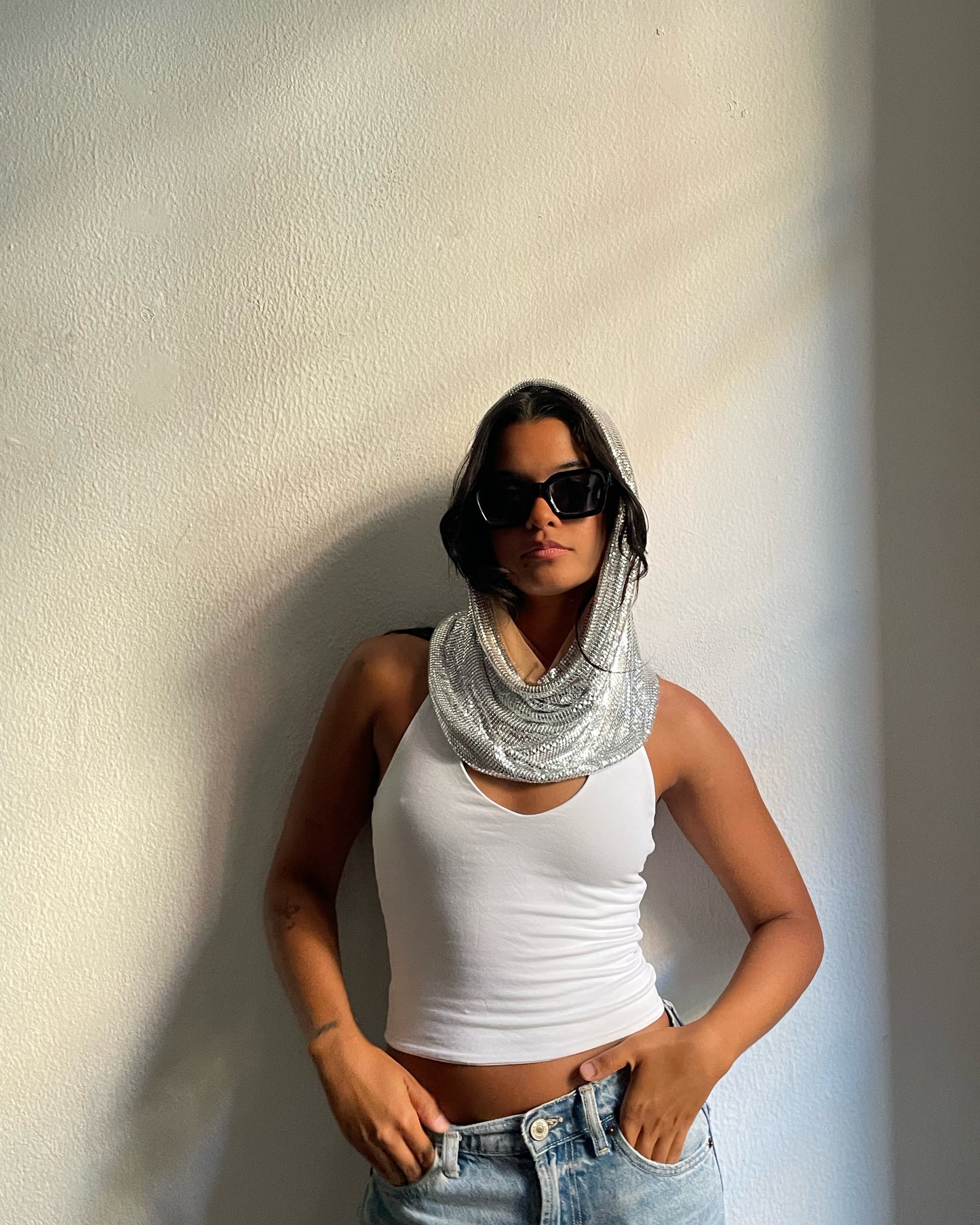 Chainmail hood. Silver sequin hood. Fashion headpiece accessory.