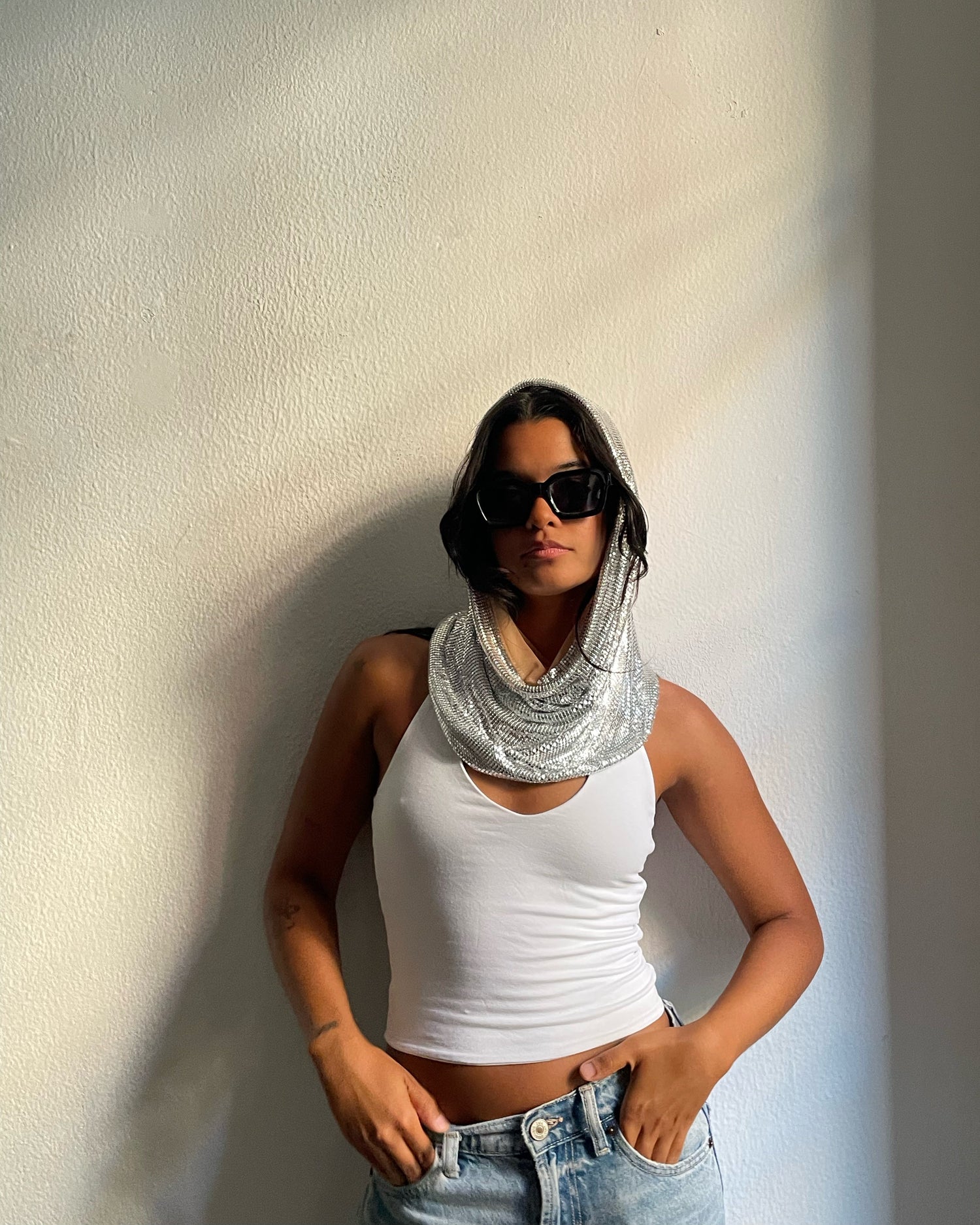 Chainmail hood. Silver sequin hood. Fashion headpiece accessory.