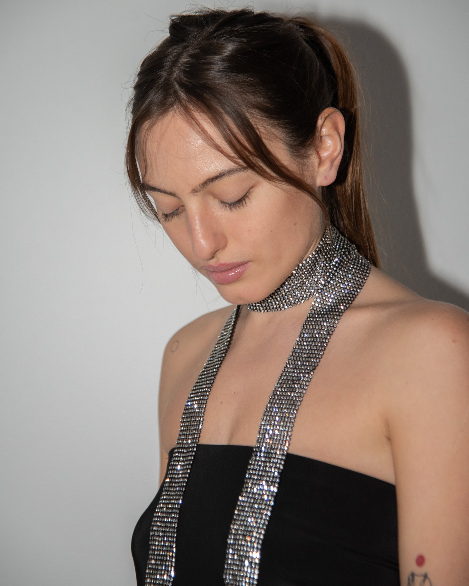 Chainmail Sequin Necklace Scarf. Crystal Mesh in Black