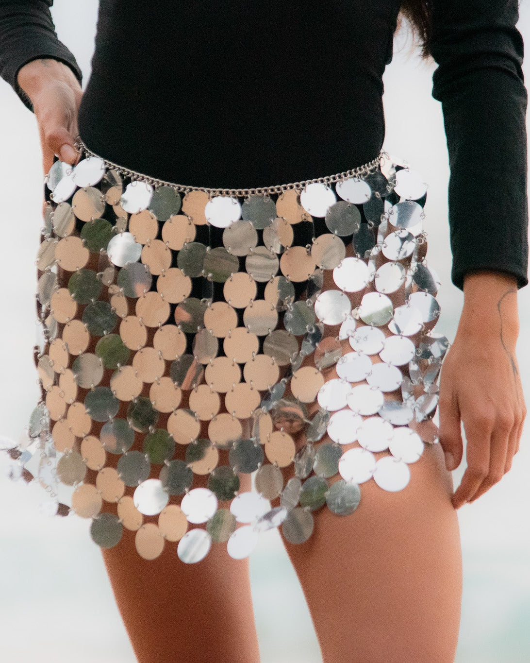Sequin Disc Skirt in Silver