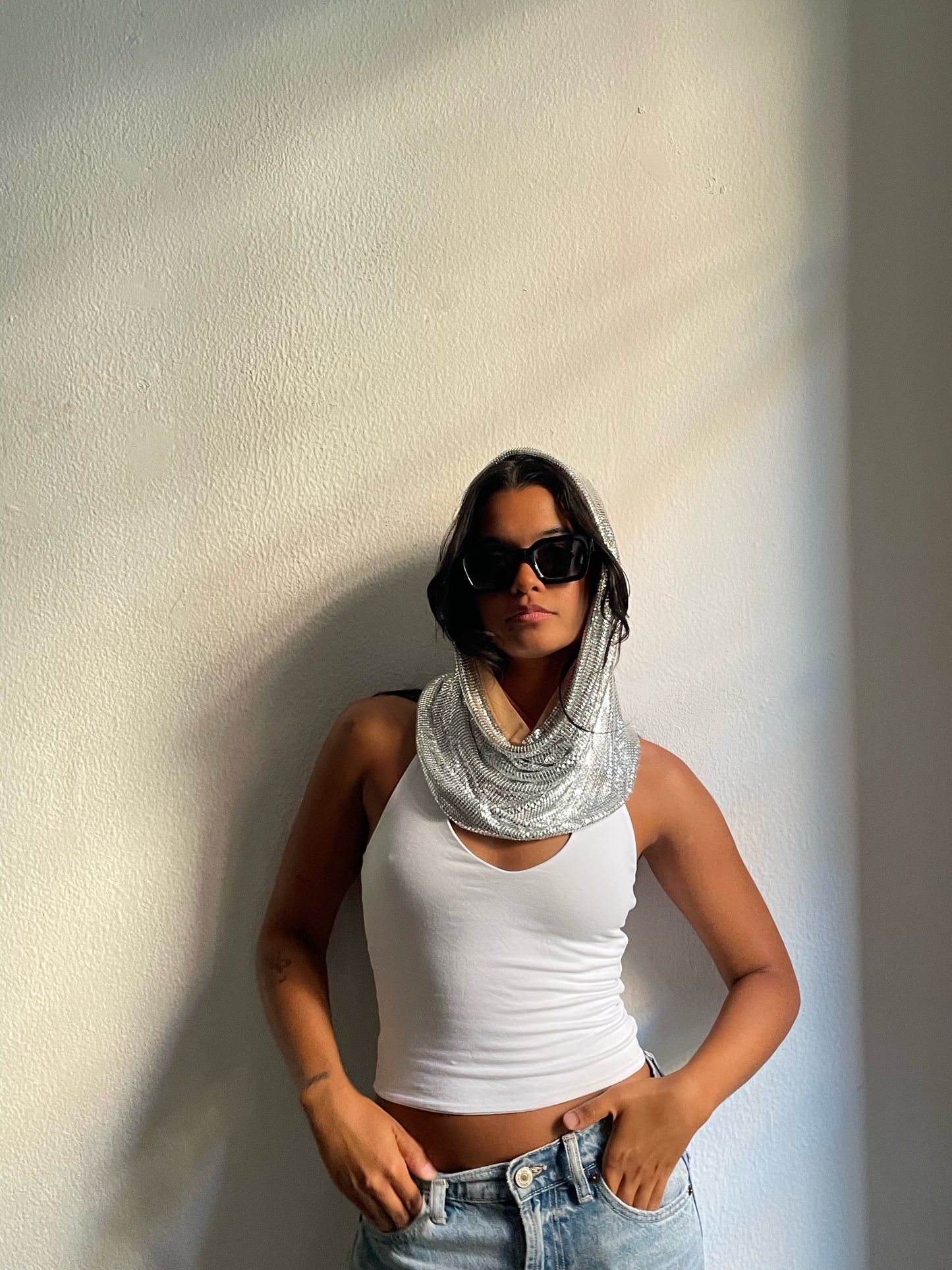 Chainmail hood. Silver sequin hood. Fashion headpiece accessory. 