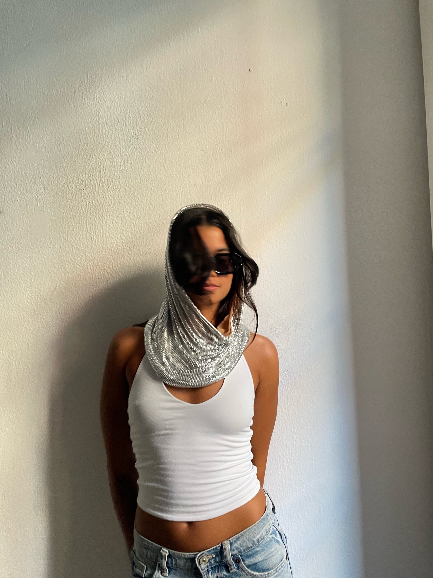 Chainmail hood. Silver sequin hood. Fashion headpiece accessory. 