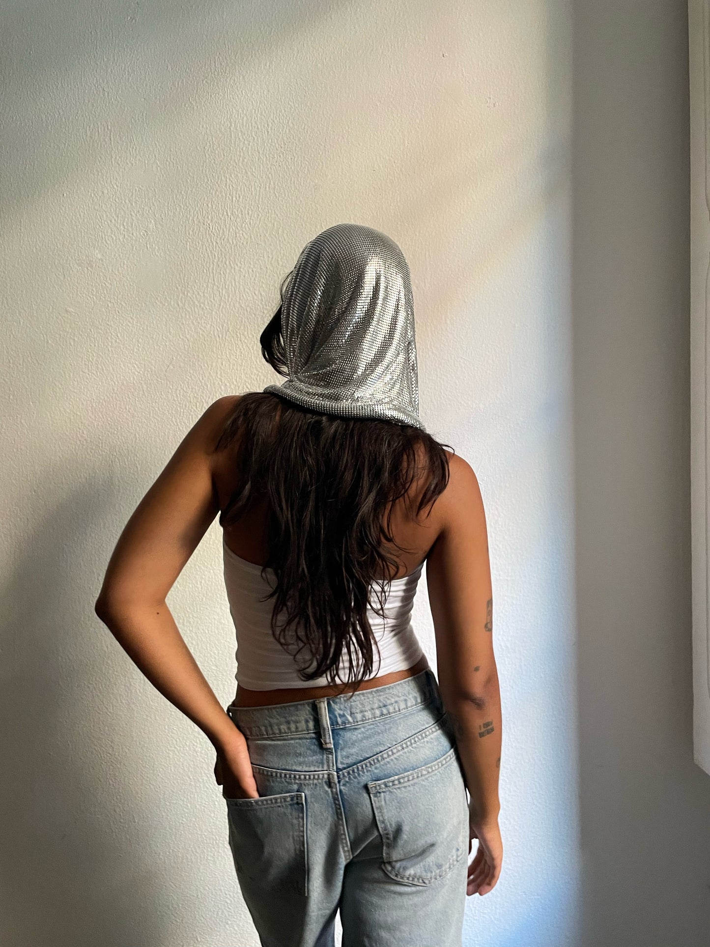 Chainmail hood. Silver sequin hood. Fashion headpiece accessory. 