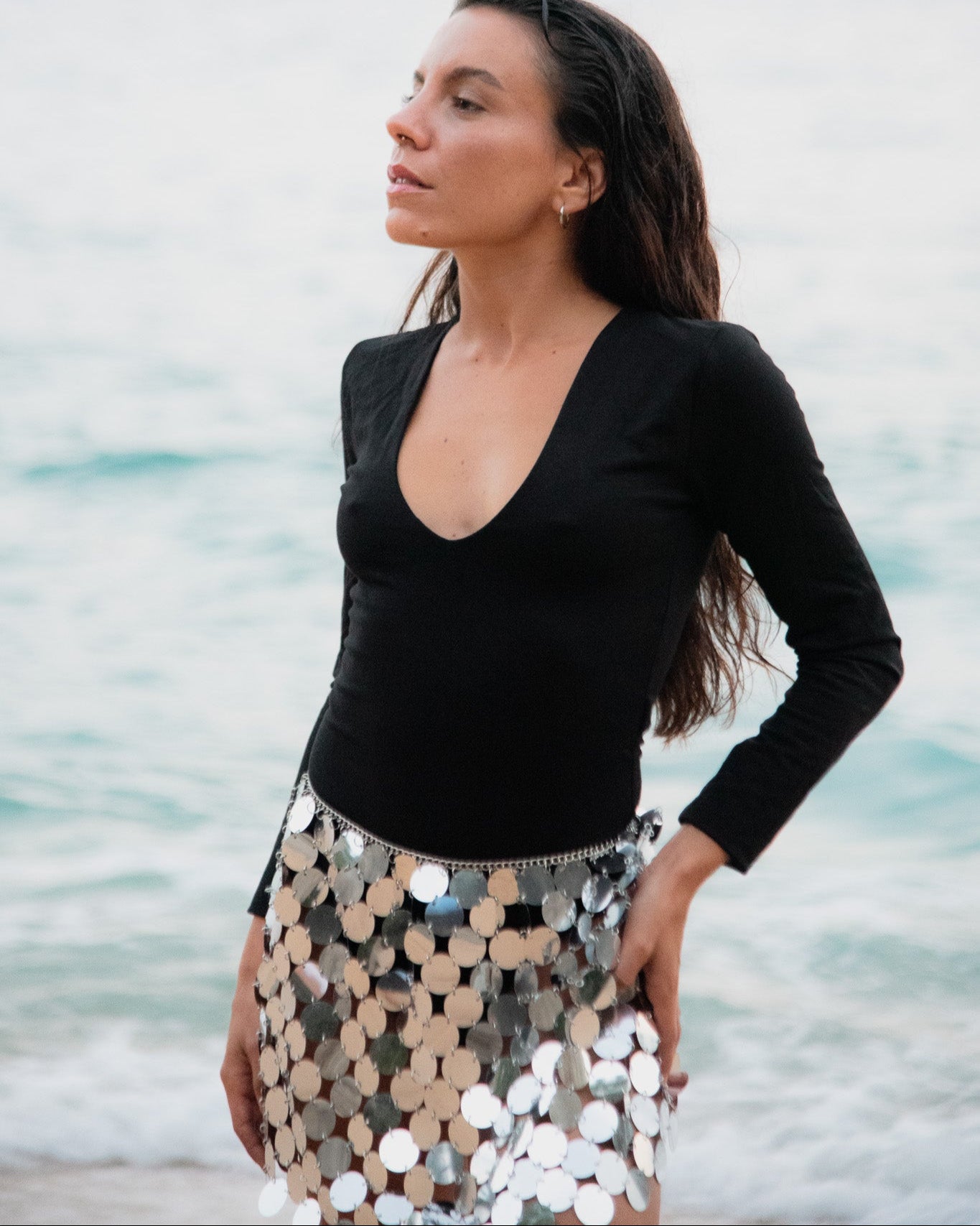 Sequin Disc Skirt in Silver.