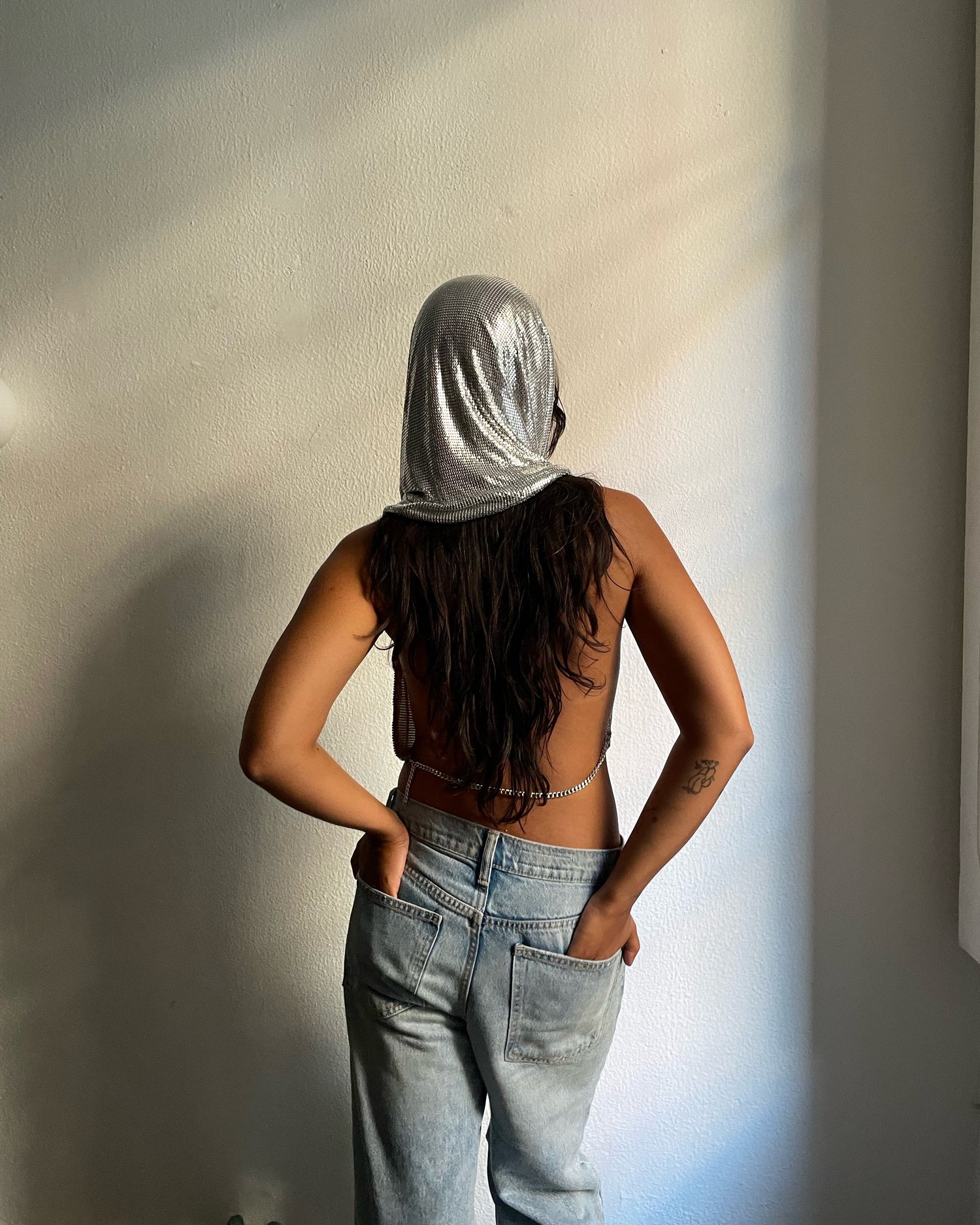 Venus Chainmail Mesh Hood Top in Silver