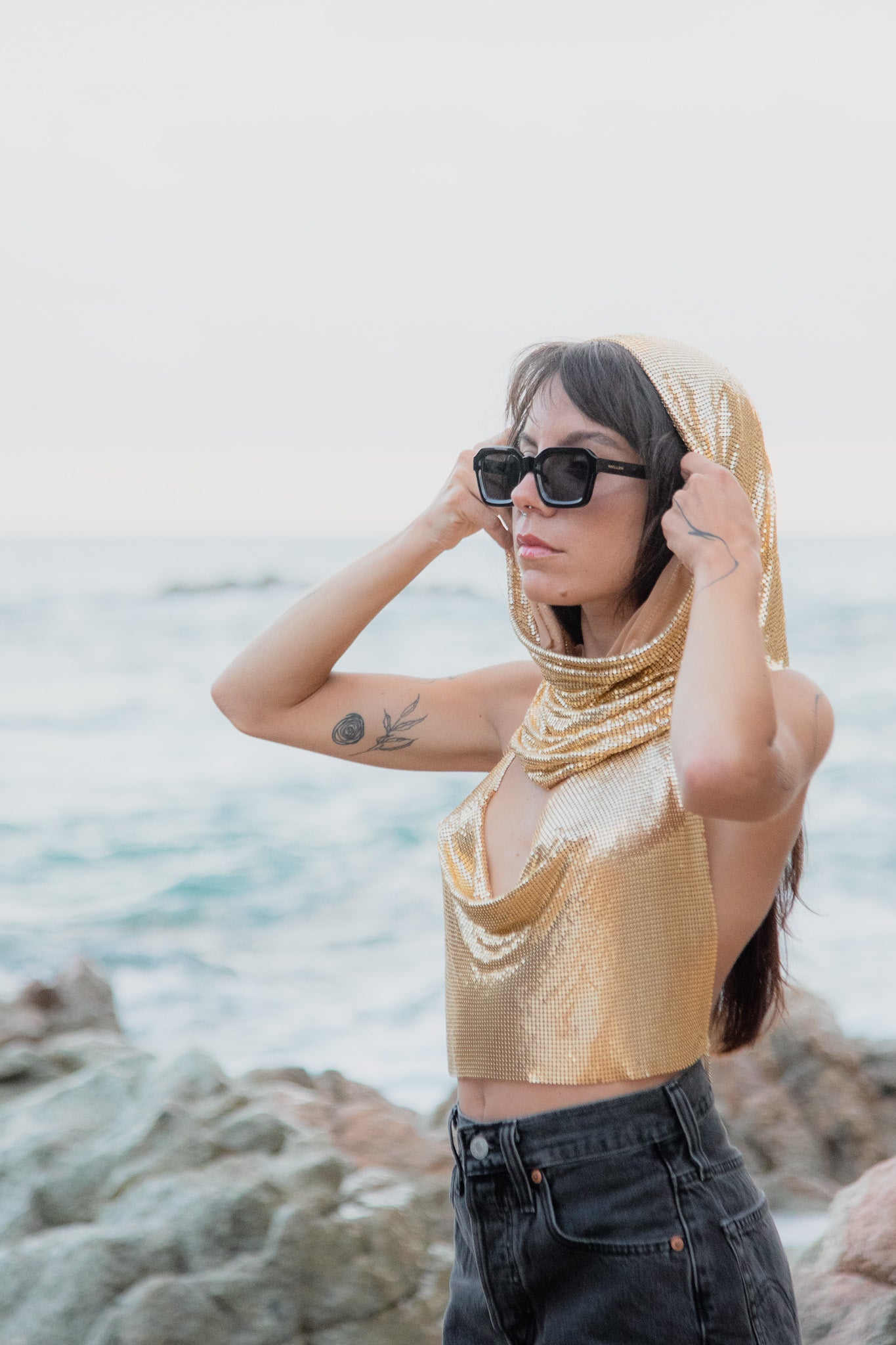 Gold Chainmail Top with Hood. Mesh Top.